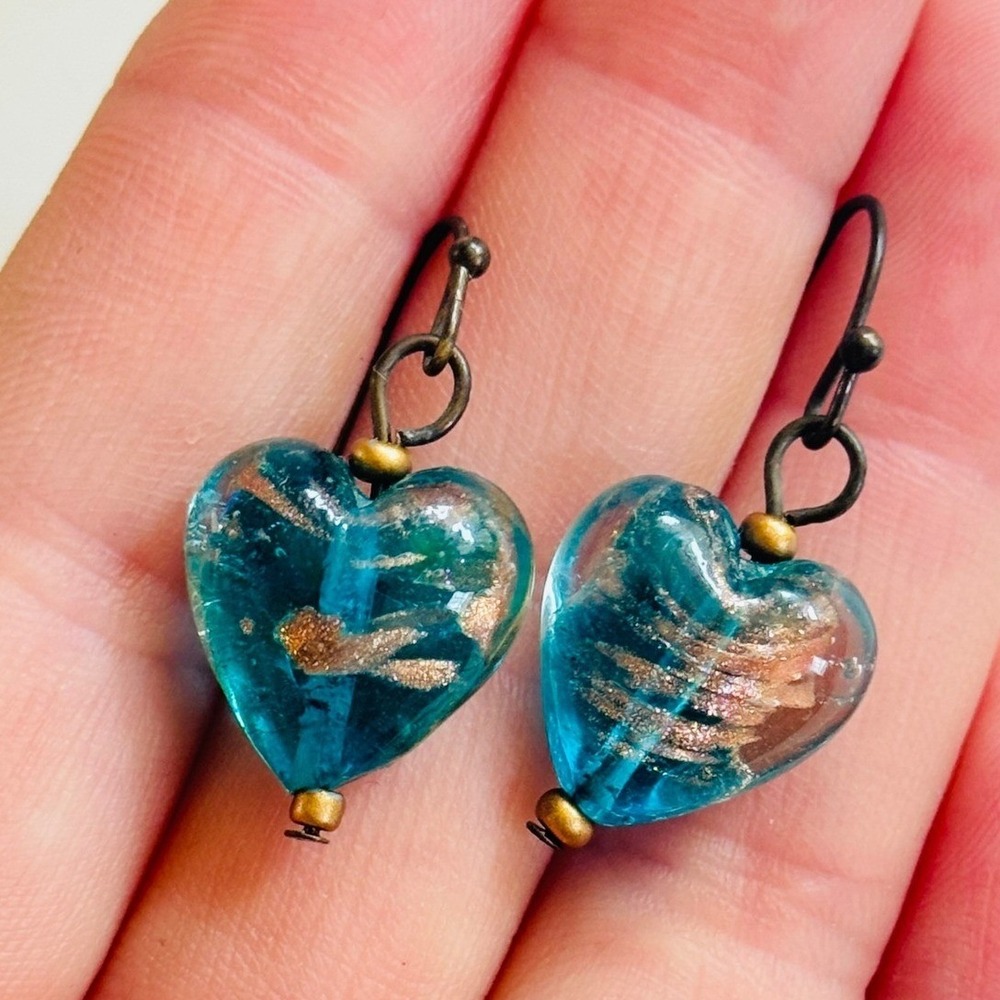Venetian Murano Wedding blue foil heart earrings pierced dangle Italy 925 silver